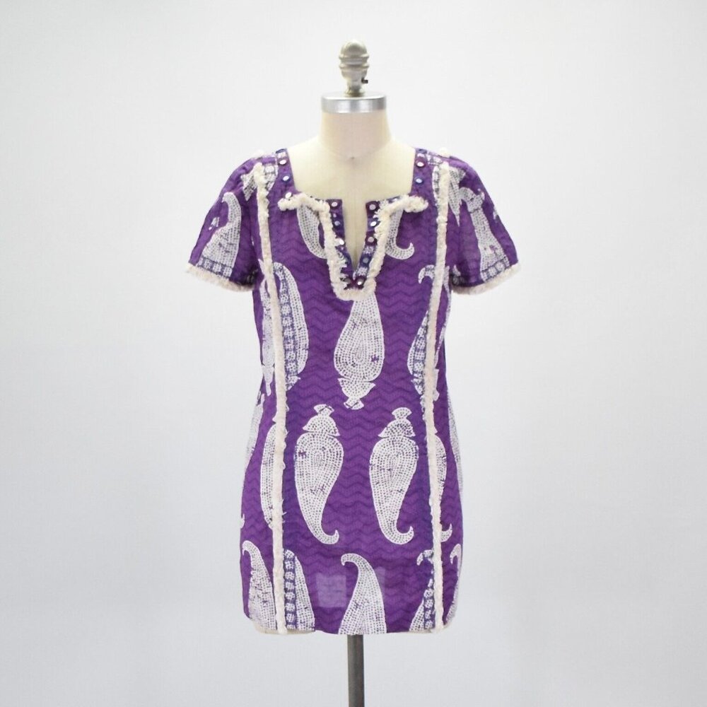 Tory Burch Purple Paisley Print Cotton Fringe Tunic
